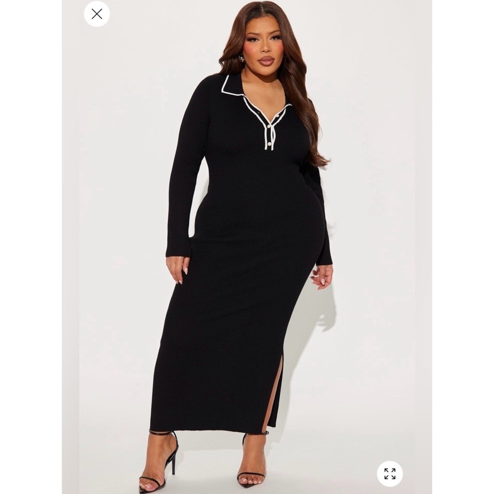 Fashion Nova Black Ribbed Knit Polo Maxi Dress Long Sleeve Contrast Trim Plus 2X